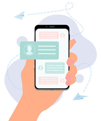 Hand holding smartphone with chat bubbles, messaging process vector illustration 