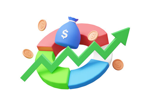 Management cost reduction trade stock investment concept. bag money with coins arrow growth chart graph, business financial economics analytics. isolated. 3d render illustration