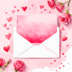Watercolor valentine envelope letter with hearts on white background.