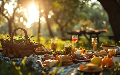 A delectable picnic spread featuring fresh food is arranged in a picturesque park during the serene morning sunrise, creating a delightful and appetizing outdoor dining experience. - obrazy, fototapety, plakaty