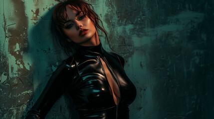 Seductive Role Play: Brunette Woman in Latex Catsuit Engaging in Fantasy Scenarios - obrazy, fototapety, plakaty