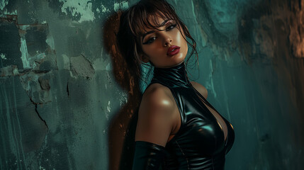 Seductive Role Play: Brunette Woman in Latex Catsuit Engaging in Fantasy Scenarios - obrazy, fototapety, plakaty