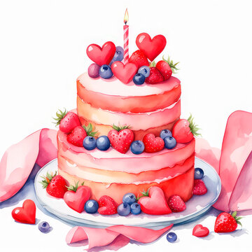 Watercolor valentine cake decorated with hearts on white background.