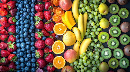 frutta in pezzi e intera disposta in modo ordinato e cromaticamente elegante vista dall'alto