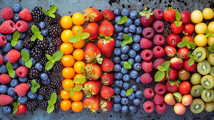 frutta in pezzi e intera disposta in modo ordinato e cromaticamente elegante vista dall'alto