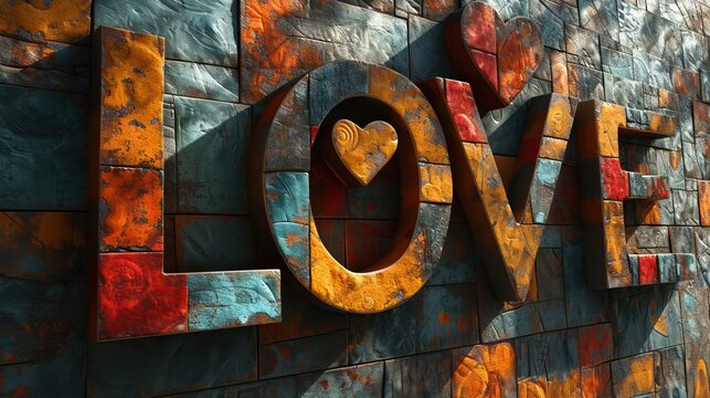 "Love" écrit sur un mur composé de plusieurs morceaux de matières