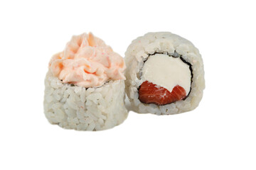 Sushi rolls with rice and tuna close-up on a white background.