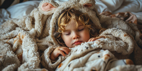 Kleines Kind schläft mit eine Hasendecke - obrazy, fototapety, plakaty