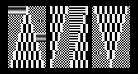 Geometric abstract background. Y2k Pixels glitch trendy print, abstract black and white. Cyber futurism, Minimal graphic design, 8 bit, rave, Sequence of QR codes, neon gradient. QR - pattern 