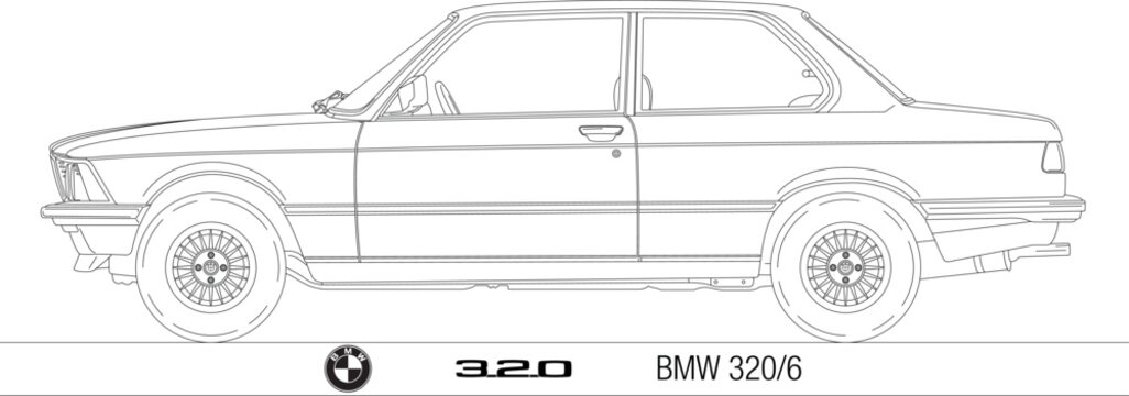 Germany, year 1981, BMW 320-6 silhouette, vintage classic car, vector illustration