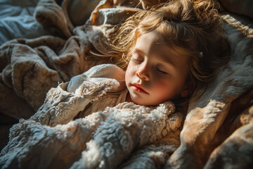 Kleines Kind schläft mit eine Hasendecke - obrazy, fototapety, plakaty