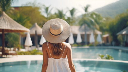Fototapeta premium happy woman in a hat, rear view, looking at the sea, ocean. recreation, tourism.