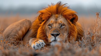 Obraz premium Lion couché ,paisible et calme et pensif dans la savane
