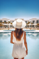 Fototapeta na wymiar happy woman in a hat, rear view, looking at the sea, ocean. recreation, tourism.