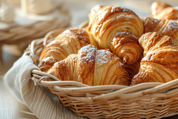 A basket of freshly baked croissants, flaky and golden, with a dusting of powdered sugar