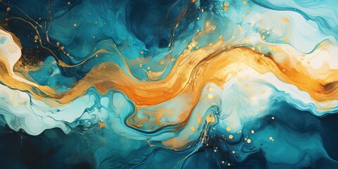 Luxurious Marbling Background. Paint Swirls in Beautiful Teal and Orange colors, with Gold Powder.