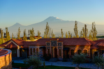 Mount Ararat (Masis) and beautiful building in Yerevan, Armenia