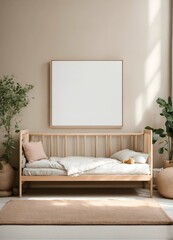 A minimalist mockup photo with a large blank canvas, in a children bed room.