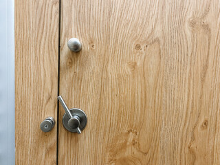 Latch on the toilet door, metal lock in the city toilet, chrome elements of the locking mechanism.