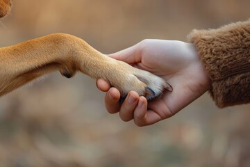 Hand of woman holding dog's paw: woman's hand
