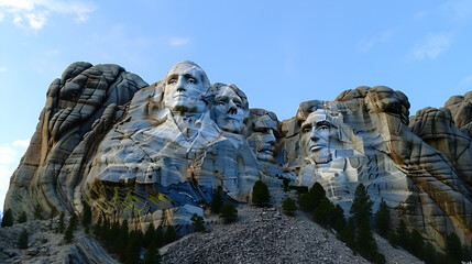 The Carved Busts of George Washington, Thomas Jefferson, Theodore “Teddy” Roosevelt, and Abraham Lincoln at Mount Rushmore National Monument - obrazy, fototapety, plakaty
