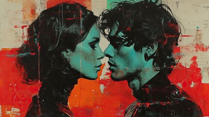 Une femme et un homme  qui vont s'embrasser avec style vintage affiche