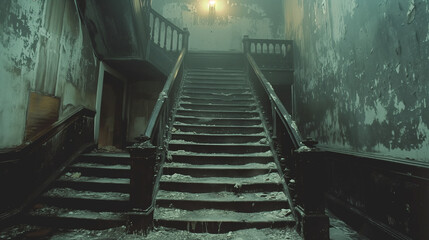 Mysterious Abandoned Mansion Staircase Shrouded in Dust and Darkness at Twilight. The twilight...
