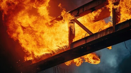 Burning metal structures in a factory or warehouse, a metal truss or a gate beam on fire