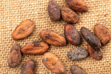 A few cocoa beans on a jute cloth, macro, top view.