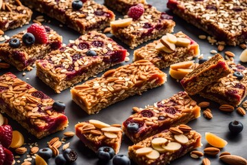 Various granola bars on table background. Cereal granola bars. Superfood breakfast bars with oats, nuts and berries, close up