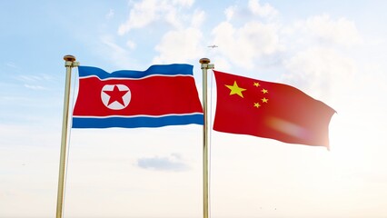 North Korea and China flags waving against a blue sky. 4K ULTRA HD. 