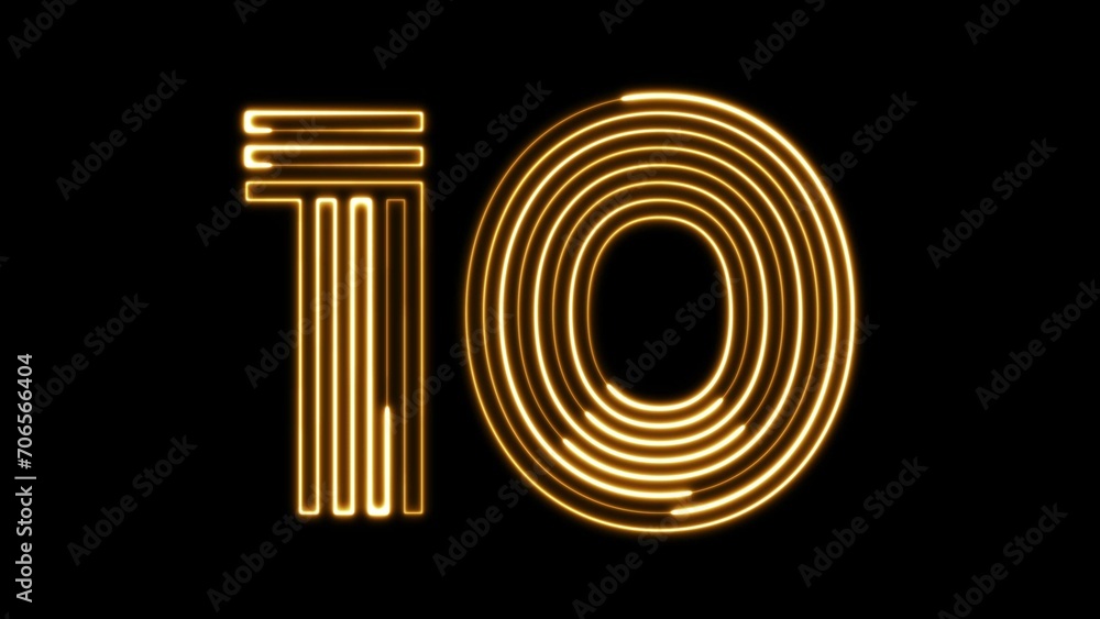 Poster 10 number text font with neon light. luminous and shimmering haze inside the letters of the text ten