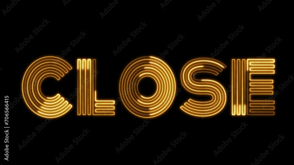 Poster close text font with neon light. luminous and shimmering haze inside the letters of the text close.