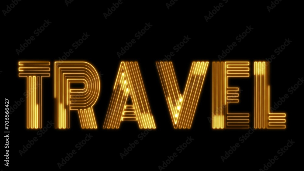 Poster travel text font with neon light. luminous and shimmering haze inside the letters of the text travel