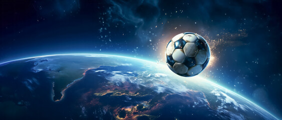 Fototapeta premium Soccer ball orbiting earth in a cosmic football concept