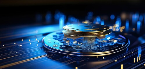 Futuristic Golden Cryptocurrency Coin on a Circuit Board