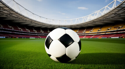 Soccer ball on the green field of stadium