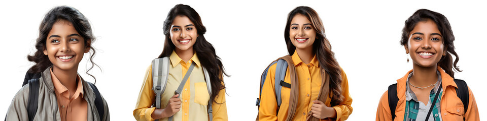 A set of Indian girl student smiling happily isolated on a transparent background PNG