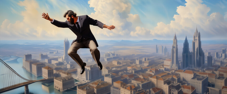 The businessman floats above the city in his sleep. REM