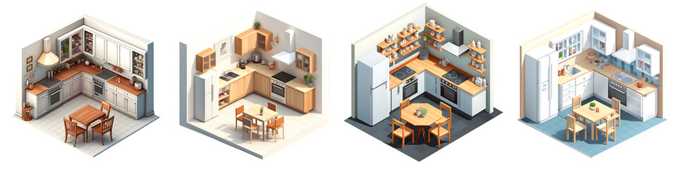 A set of Isometric view of the Kitchen interior isolated on a transparent background PNG