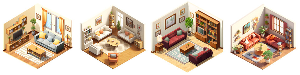 A set of isometric view of Living room interior isolated on a transparent background PNG