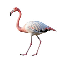 Pink and white Bird flamingo walking on a cut out PNG transparent background