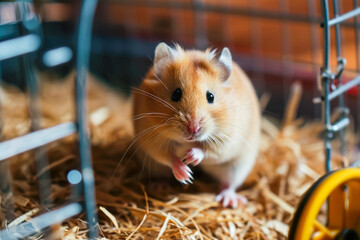 hamster and a wheel in a cage