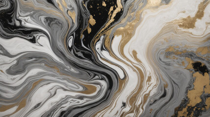 Abstract fluid art background blac, white ,silver and gold colors. Liquid marble. Acrylic painting...