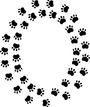 Round frame with black cat track footprint isolated on white background animal paw print silhouette