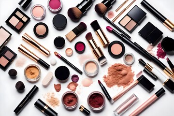 Different luxury makeup products on white background, top view no person white view