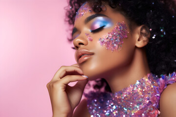 Obraz premium Fashion editorial Concept. Stunning beautiful black woman high fashion striking pastel colourful glitter shimmer sparkle. illuminated with dynamic composition and dramatic lighting. copy text space 