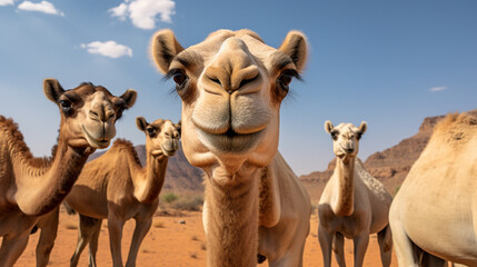 beautiful camels close up in the desert. - obrazy, fototapety, plakaty