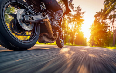 Close-up view of a motorcycle speeding on the road seen from below
