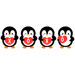 cute 4 penguin and heart sign with xoxo word